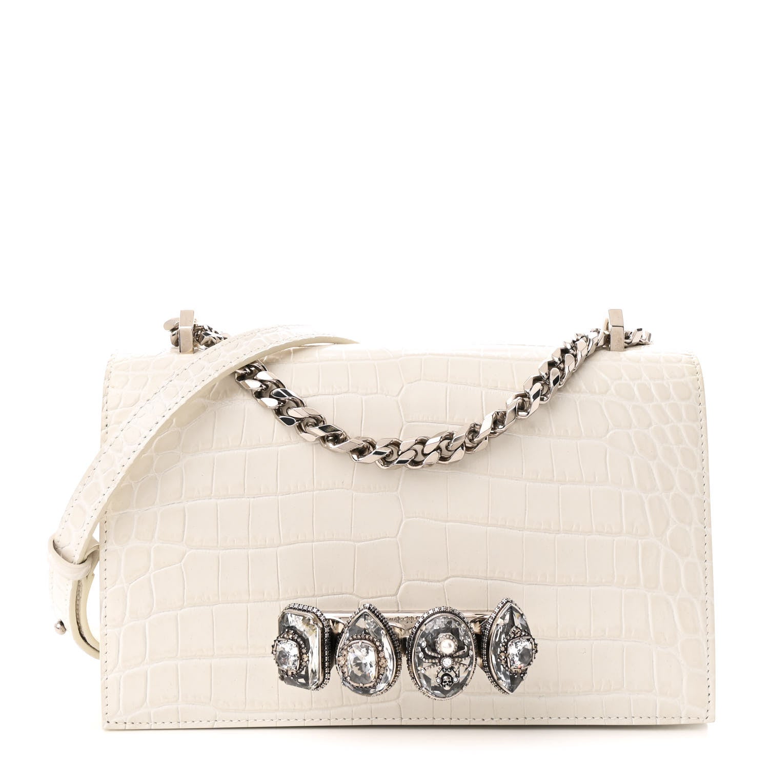 Alexander McQueen Shiny Calfskin Crocodile Embossed Knuckle Jeweled Crossbody White 1 of 11