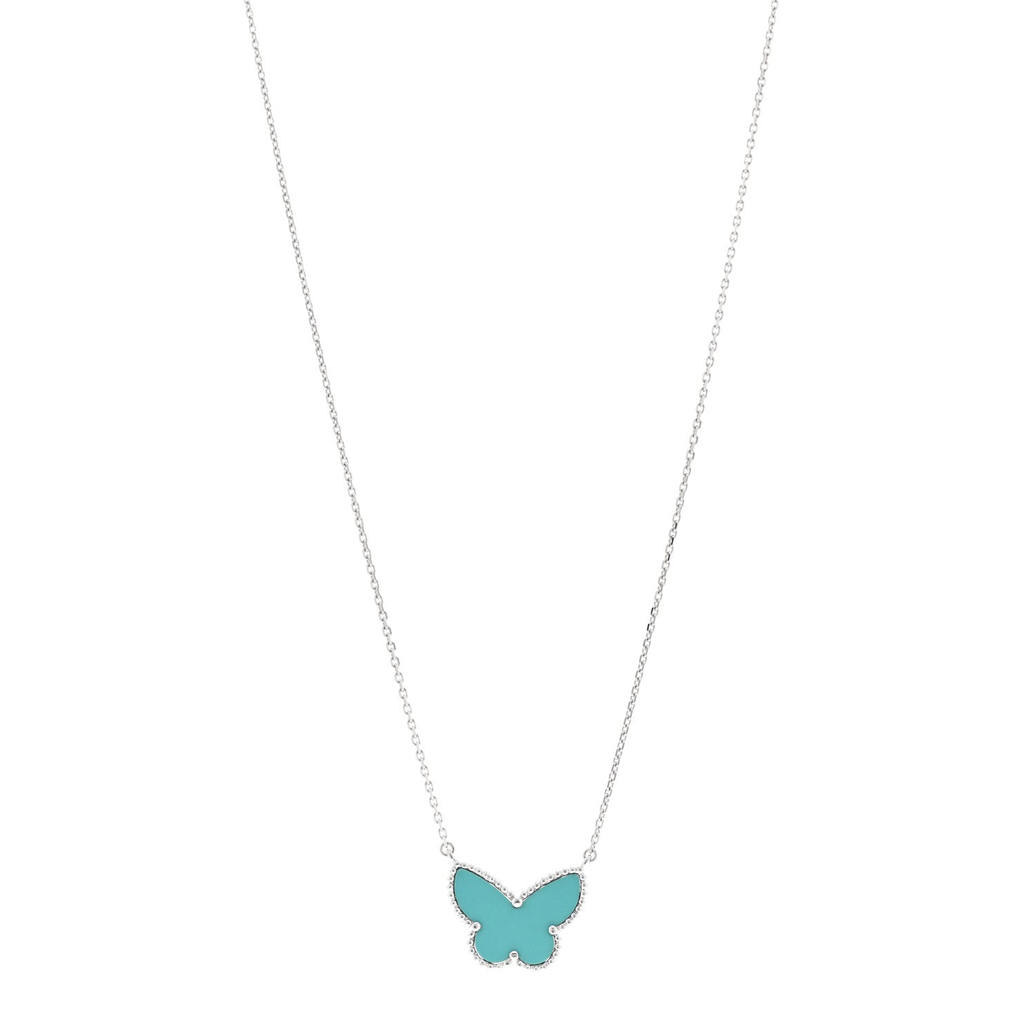 Van Cleef & Arpels 18K White Gold Turquoise Lucky Alhambra Butterfly Pendant Necklace 1 of 4