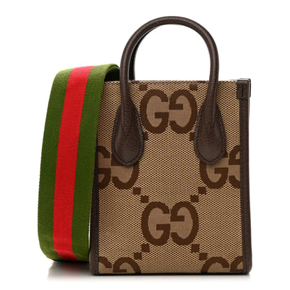 Gucci Monogram Jumbo GG Textured Dollar Calfskin Web Mini Vertical Tote Camel Ebony New Acero 1 of 14