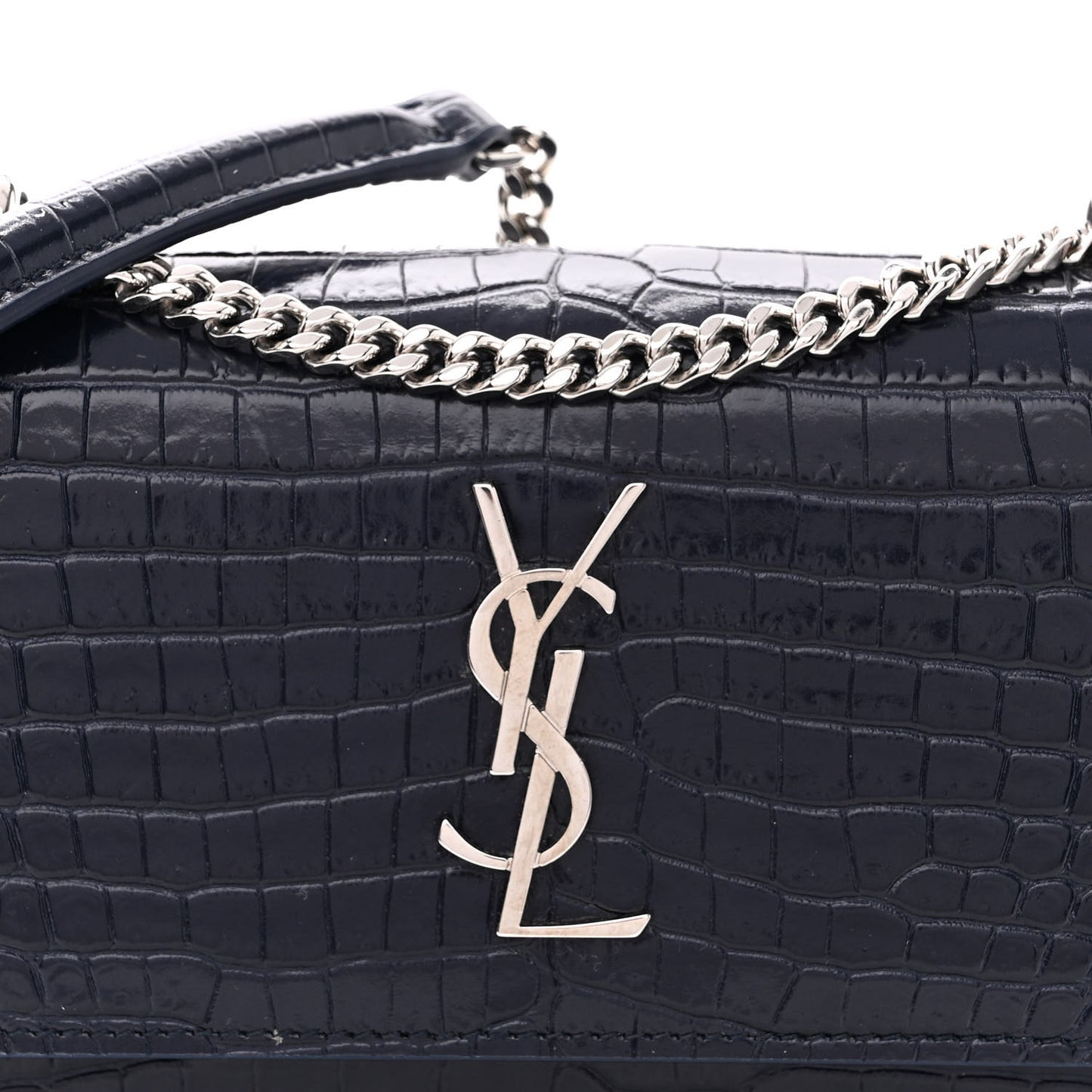 Calfskin Crocodile Embossed Monogram Sunset Chain Wallet Navy