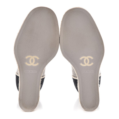 Chanel Cotton Lace Up Wedge Espadrilles 38.5 Grey Navy Blue 7 of 15