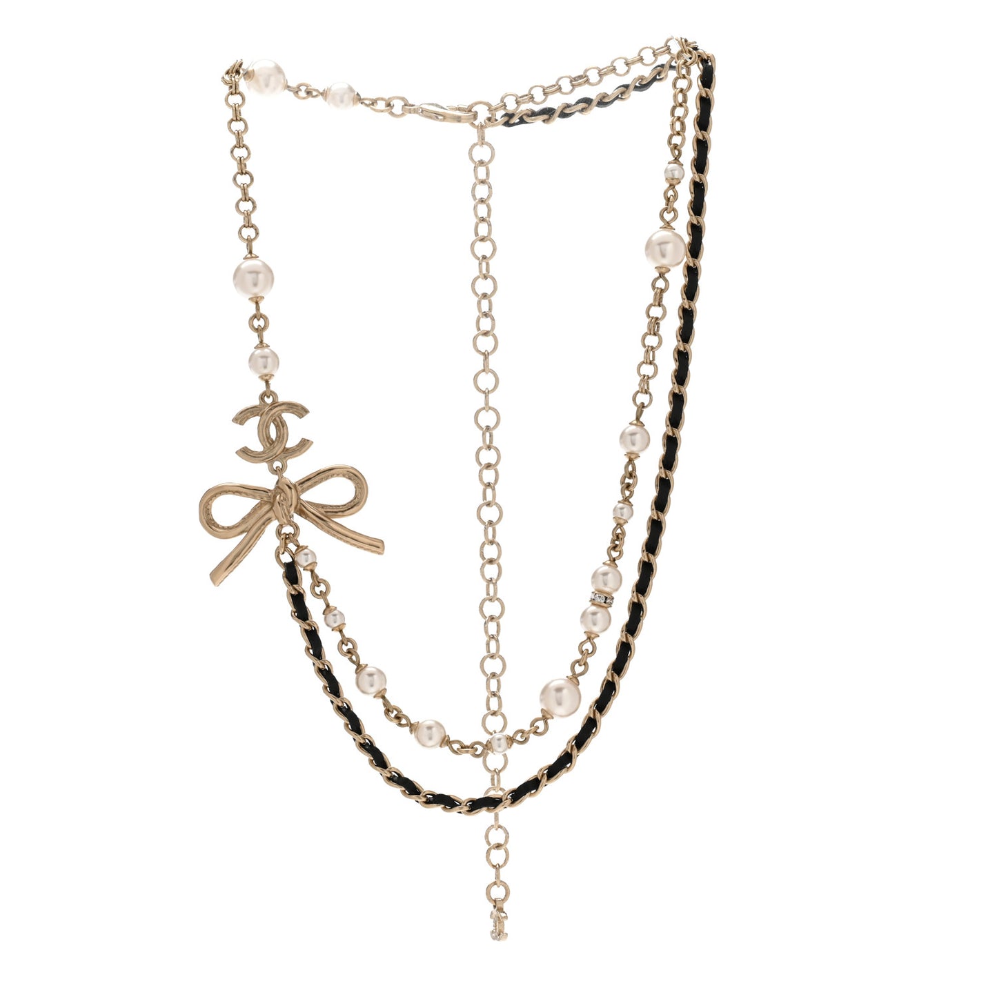 Calfskin Pearl Metal CC Bow Necklace Gold White Black