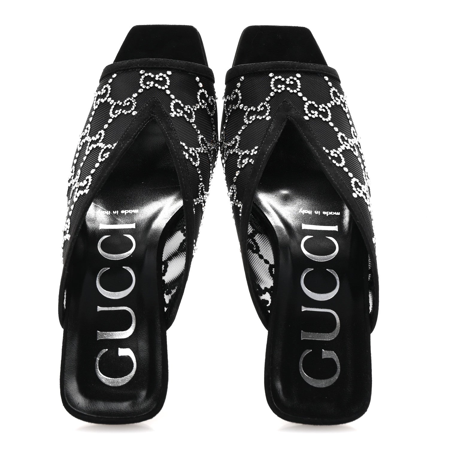 Gucci Tela Retino Kid Scamosciato Crystal GG Monogram Square G 95mm Slide Sandals 37.5 Black 2 of 9