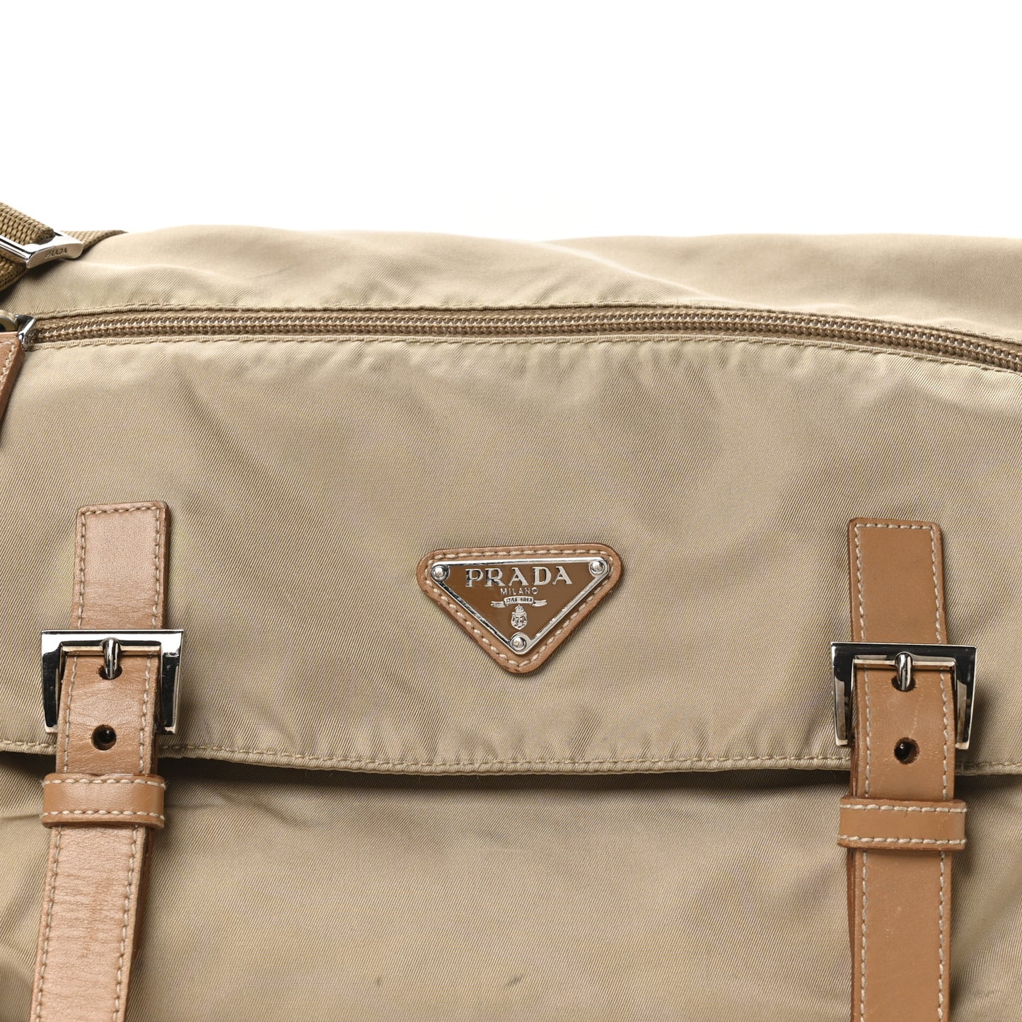 Re-Nylon Vela Saffiano Pocket Double Buckle Messenger Shoulder Bag Cammeo