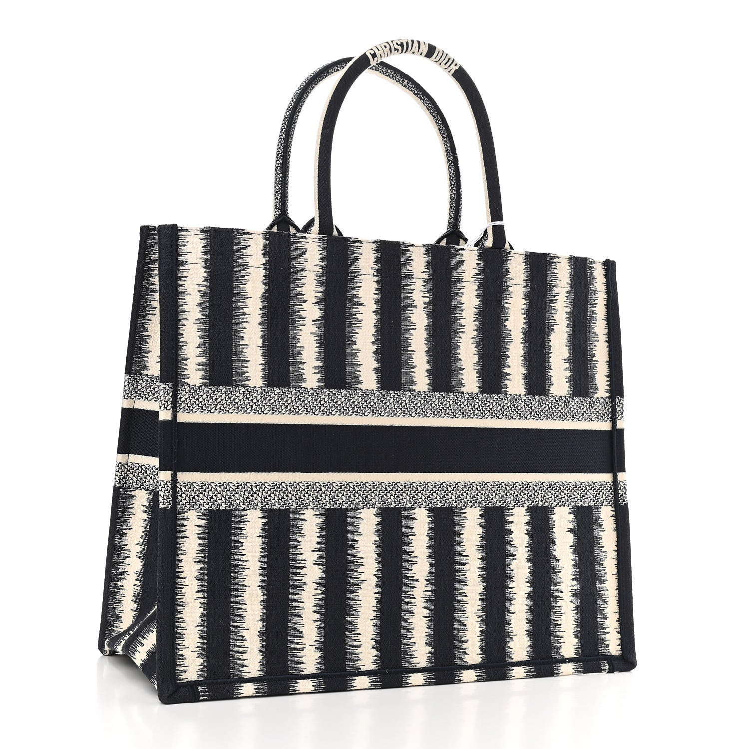 Christian Dior Canvas Embroidered Large Striped Book Tote Navy 3 of 10
