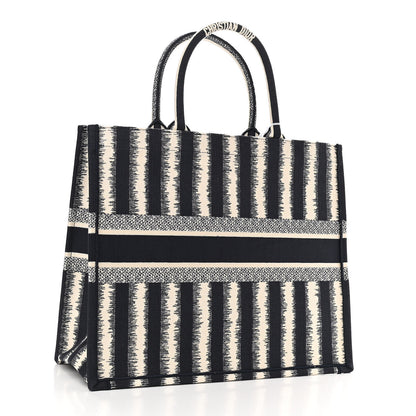 Christian Dior Canvas Embroidered Large Striped Book Tote Navy 3 of 10