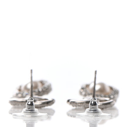 Chanel Crystal Pearl Camellia CC Coco Flapper Drop Earrings Silver 3 of 4