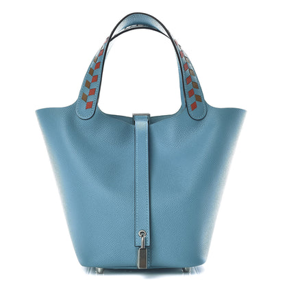 Hermes Epsom Tressage De Cuir Picotin Lock 18 PM Bleu Du Nord Rouge De Coeur Gold 1 of 10