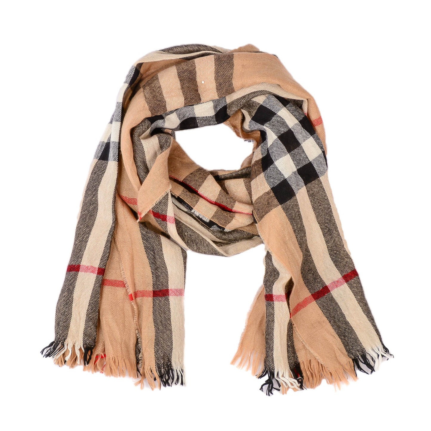Wool Cashmere Giant Check Crinkle Scarf Camel