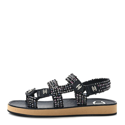 Chanel Glittered Tweed Lambskin Dad Sandals 37 Black Blue Pink White White 1 of 9