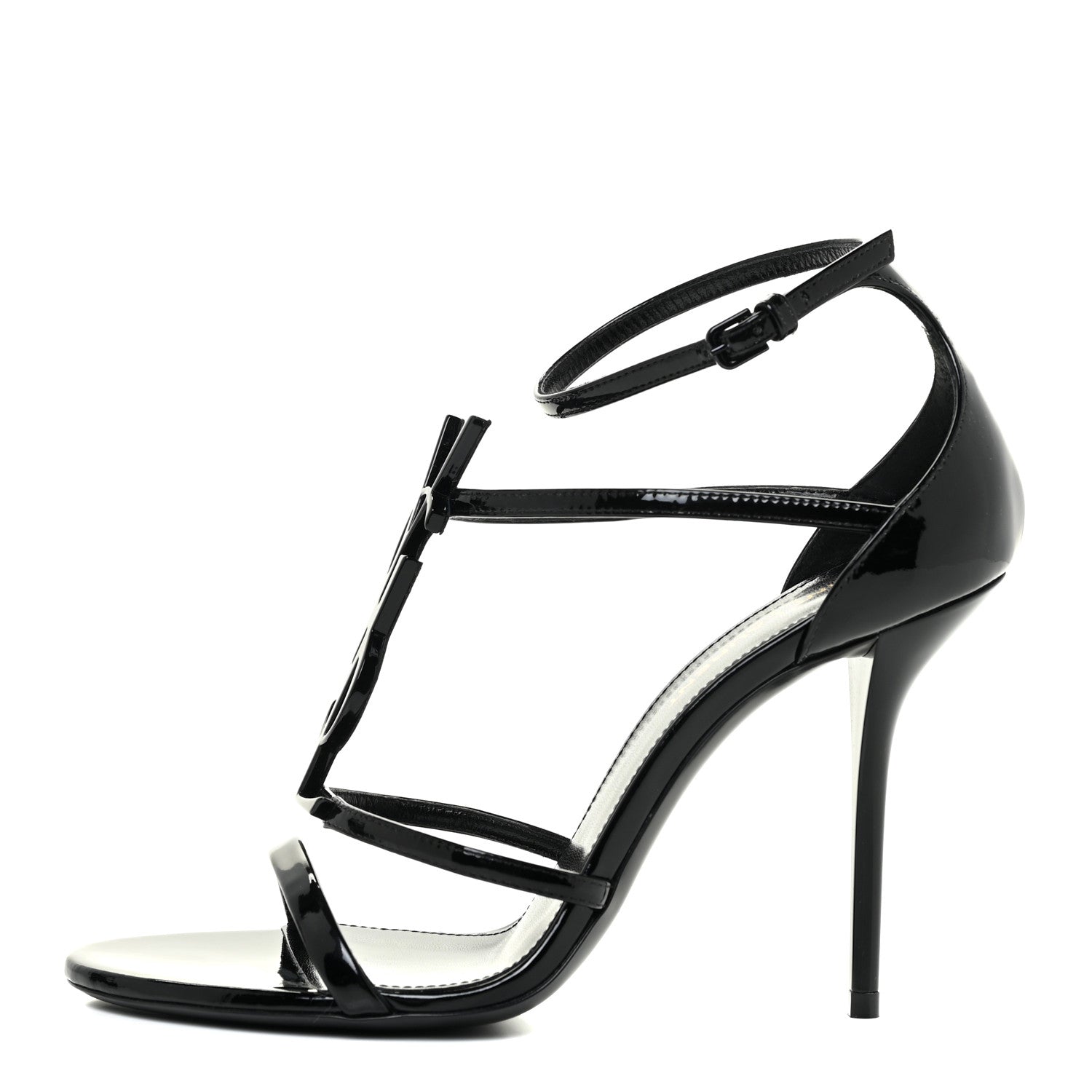 Saint Laurent Patent Cassandra 100 Ankle Strap Sandals 37.5 Black 1 of 12