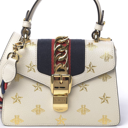 Gucci Textured Calfskin Bee Star Print Mini Sylvie Top Handle Bag Mystic White 11 of 11
