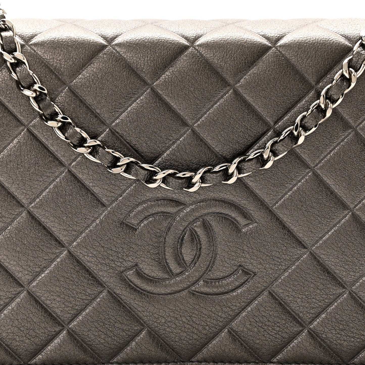 Metallic Goatskin Quilted Diamond CC Wallet On Chain WOC Pewter