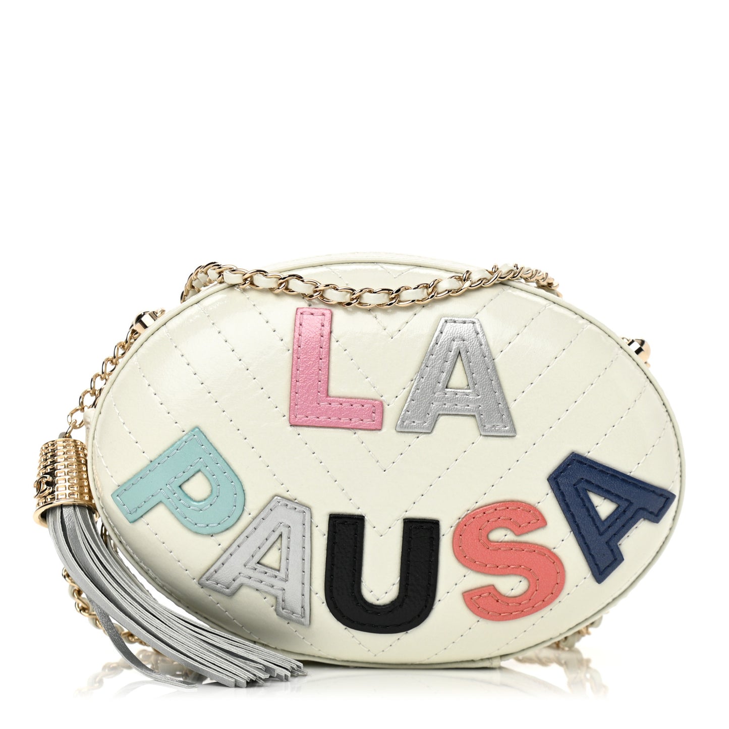 Embroidered Lambskin Chevron Quilted La Pausa Evening Bag White