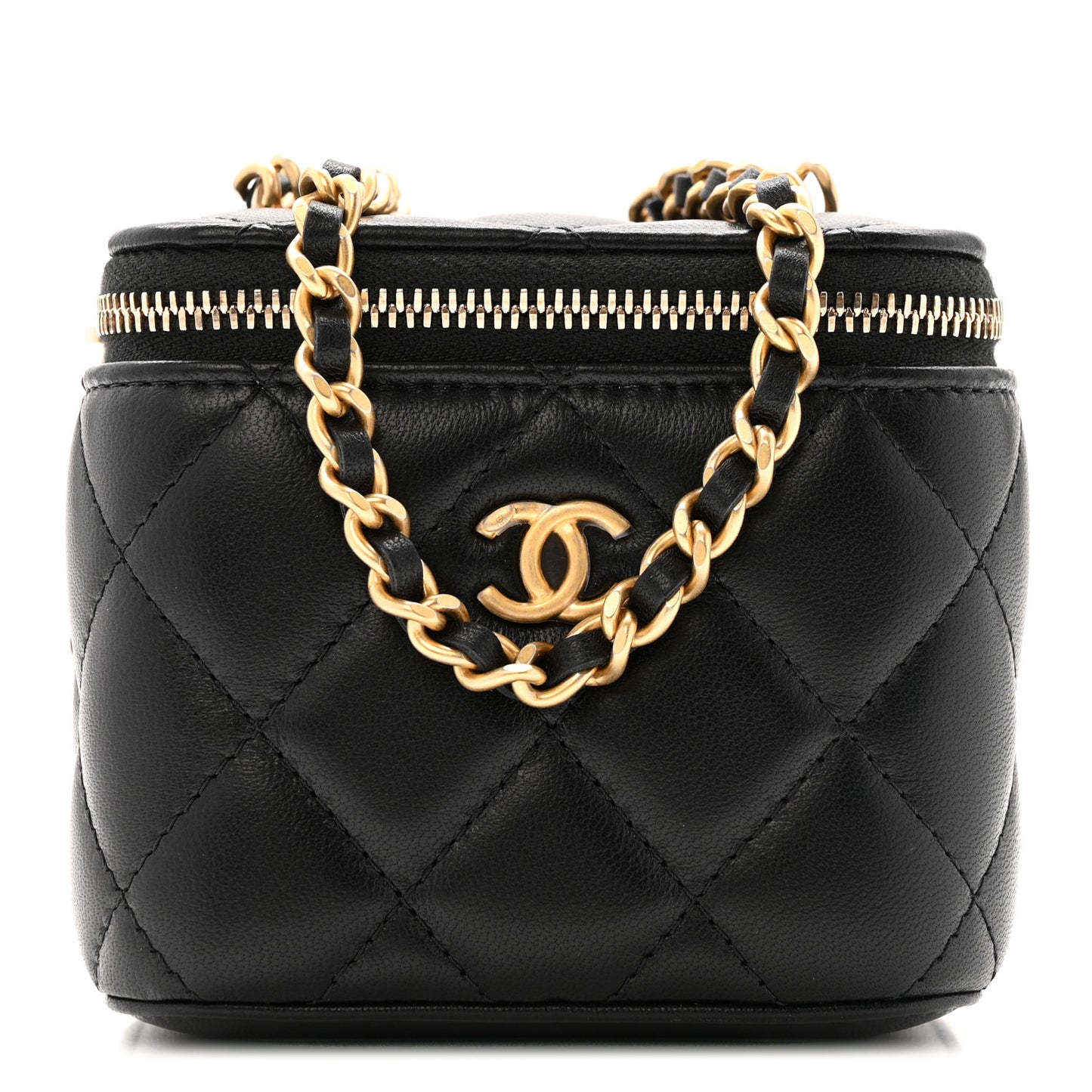 Lambskin Quilted Mini Pearl Crush Vanity Case With Chain Black