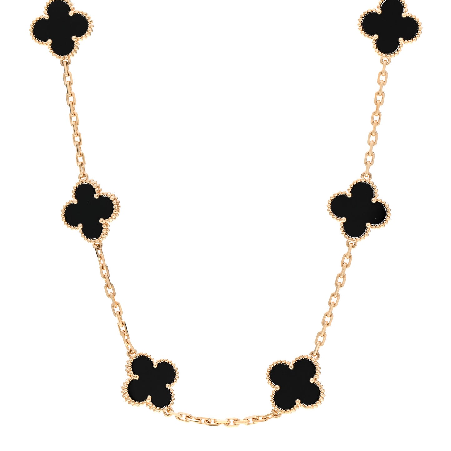 18K Yellow Gold Black Onyx 10 Motifs Vintage Alhambra Necklace