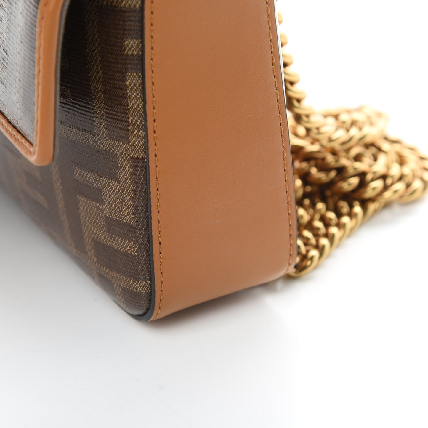 Glazed Fabric Vitello Century FF 1974 Stamp Patch Mini Double F Crossbody Bag Mogano Panna Caramello