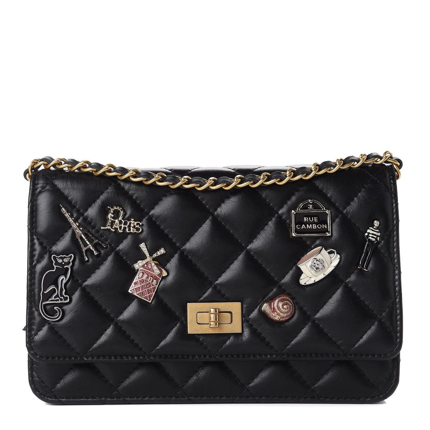 Aged Calfskin Quilted Lucky Charms 2.55 Reissue Wallet On Chain WOC Black
