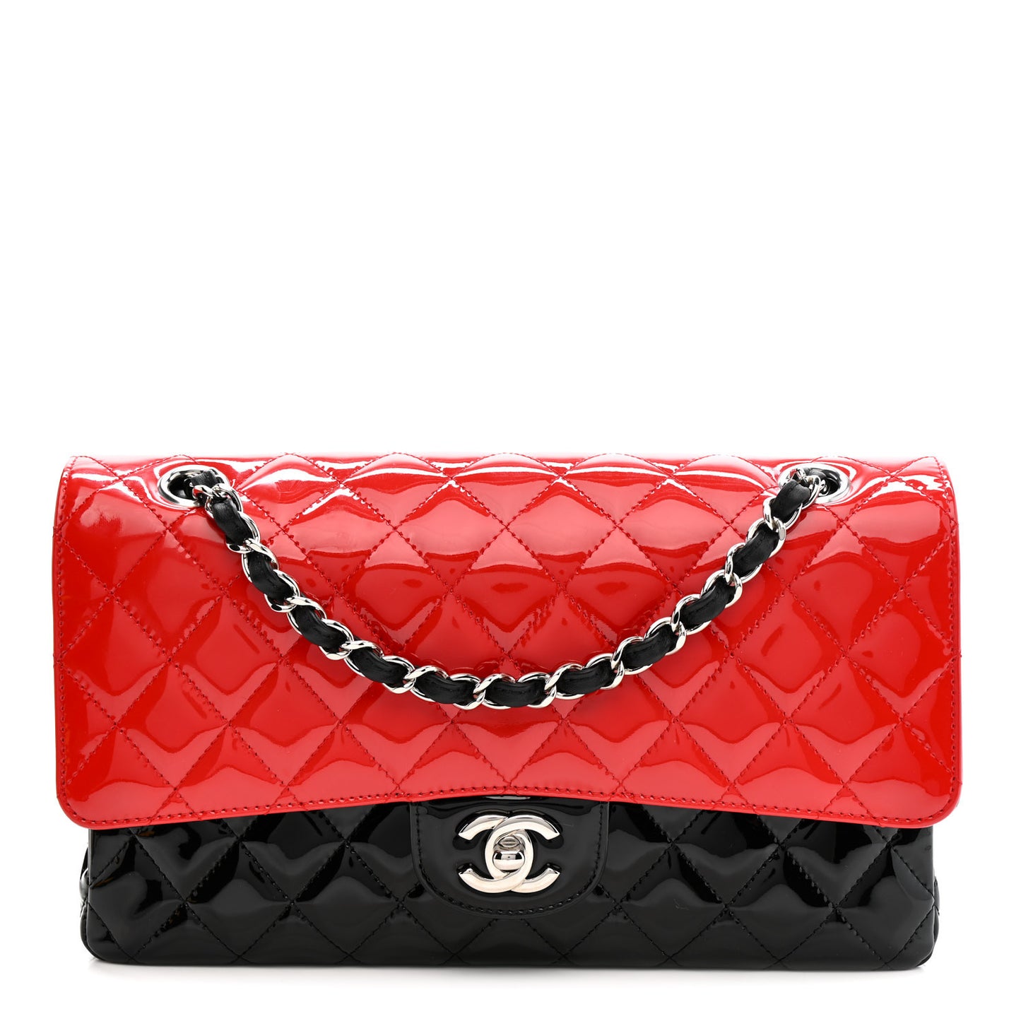Patent Calfskin Quilted Bi-Color Medium Double Flap Black Red