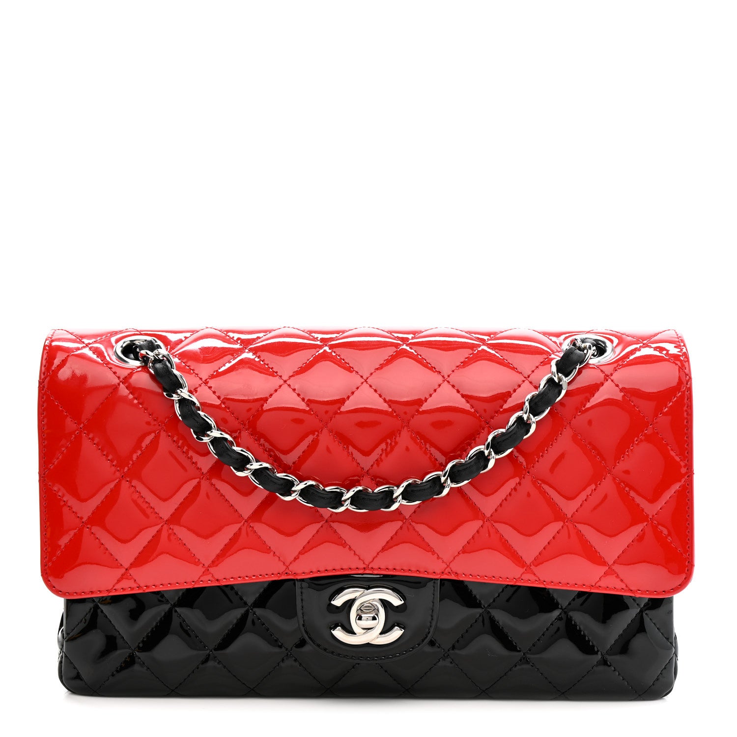 Chanel Patent Calfskin Quilted Bi-Color Medium Double Flap Black Red 1 of 13
