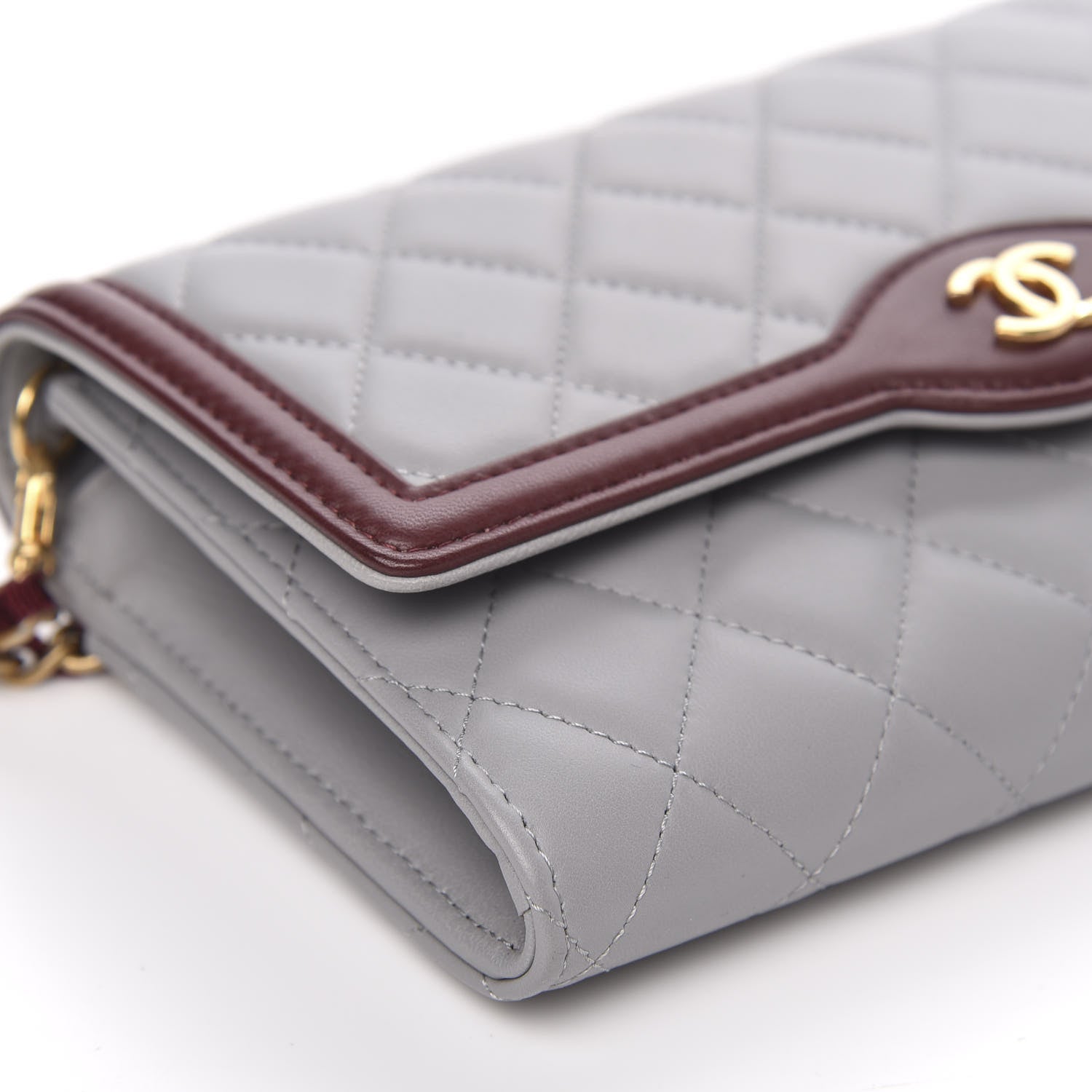 Chanel Lambskin Quilted Wallet With Removable Chain Grey Burgundy 9 of 11