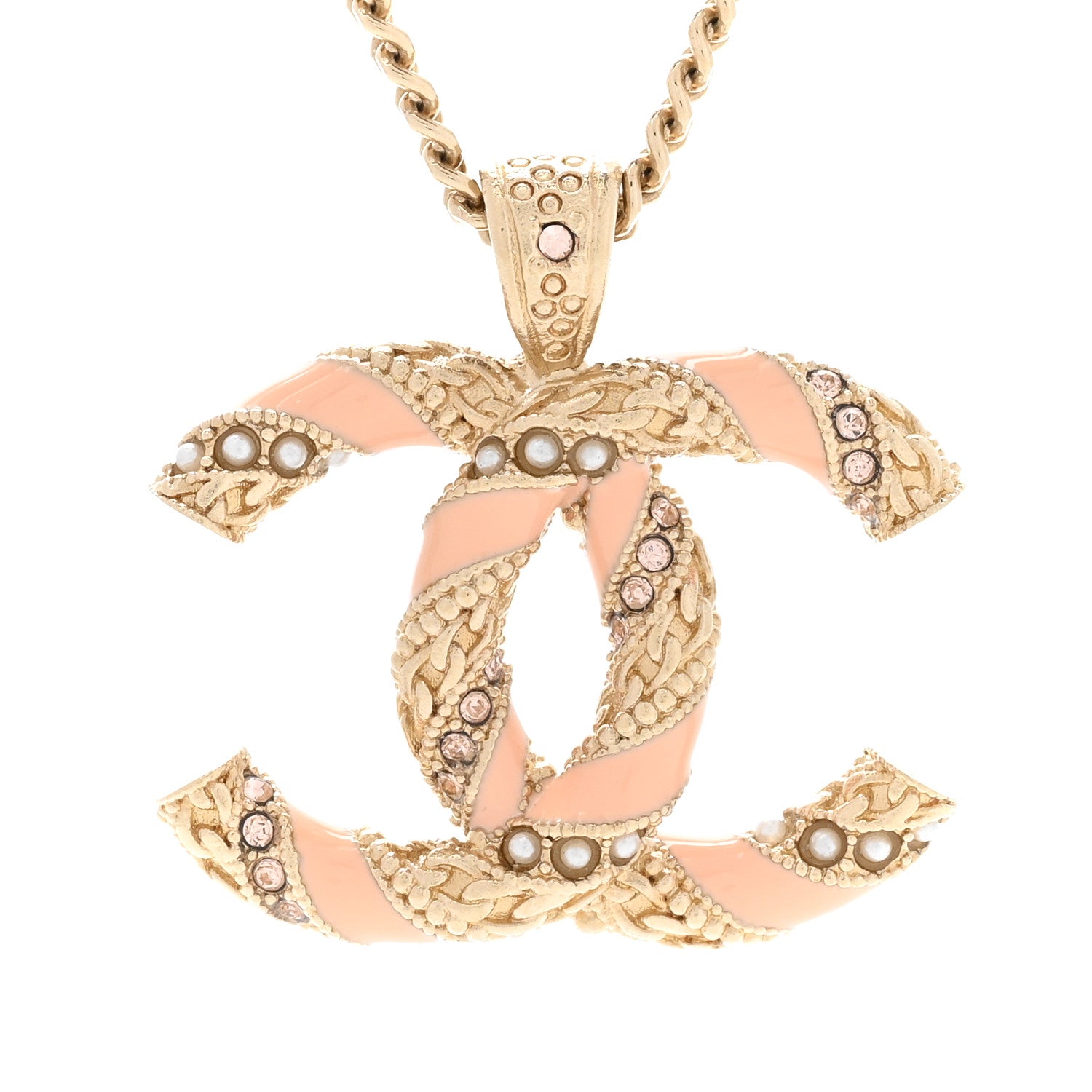 Chanel Enamel Pearl Crystal Twisted CC Necklace Gold Pale Pink 4 of 6