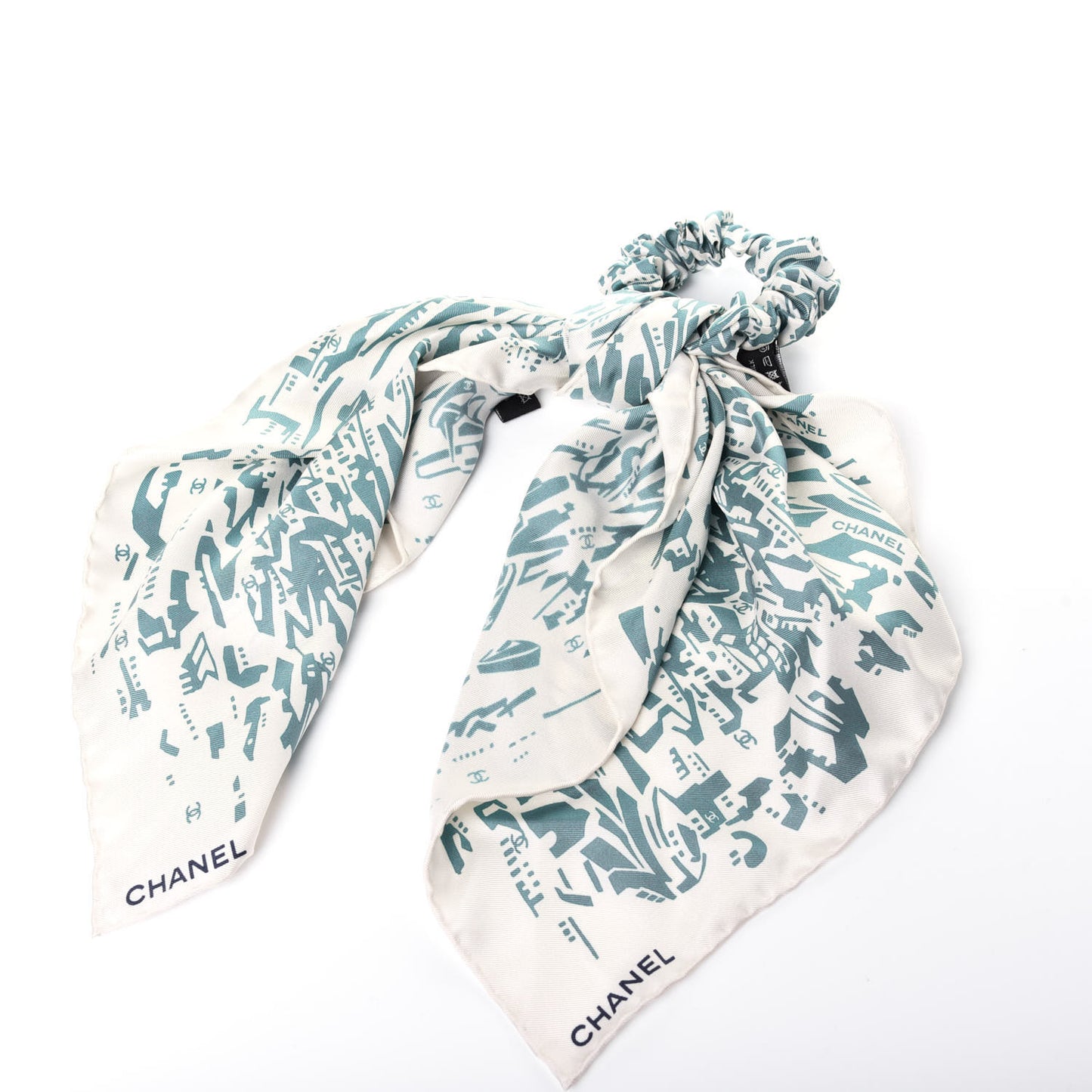 Silk CC Scrunchie and Scarf Hair Tie Set Green Ecru