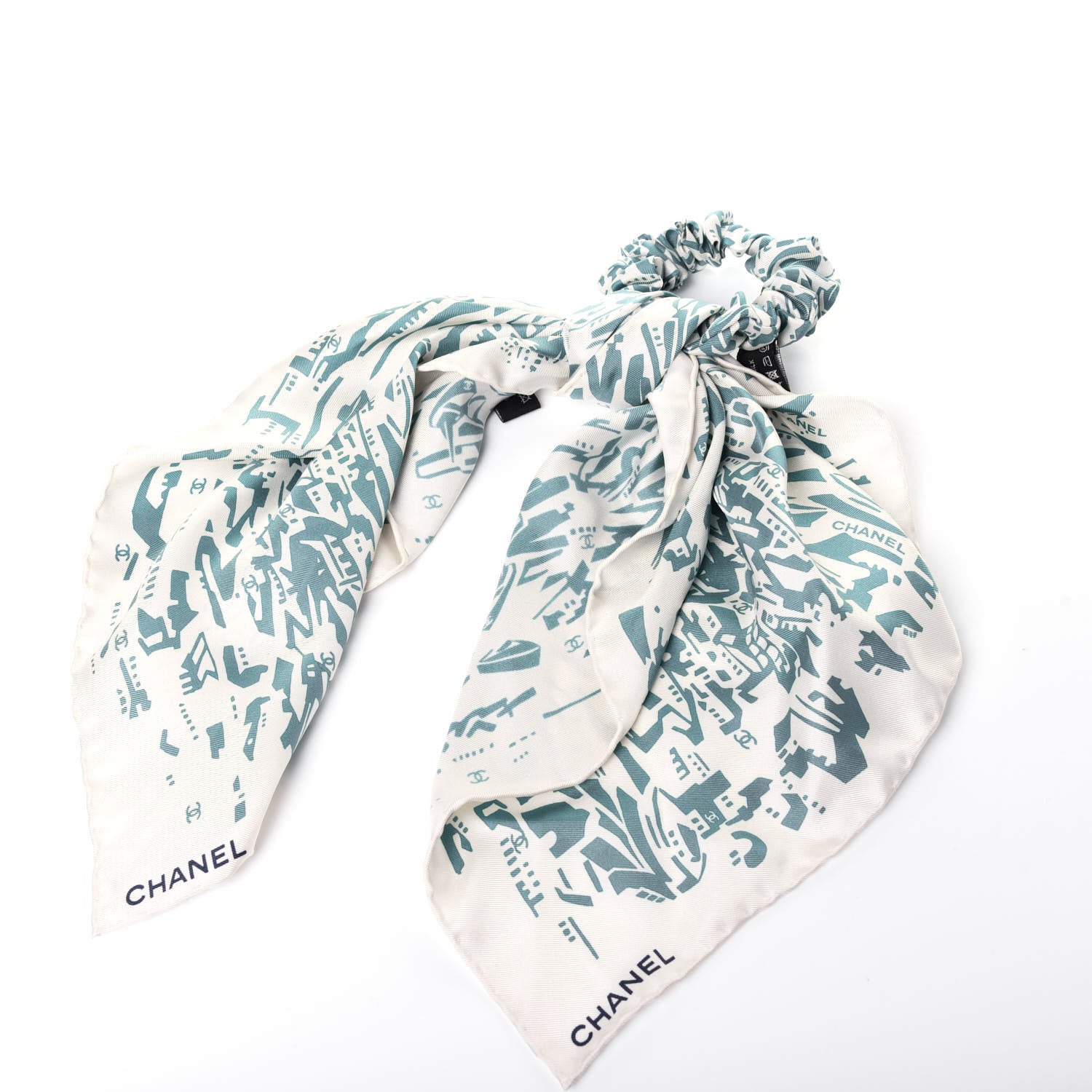 Chanel Silk CC Scrunchie and Scarf Hair Tie Set Green Ecru 2 of 5