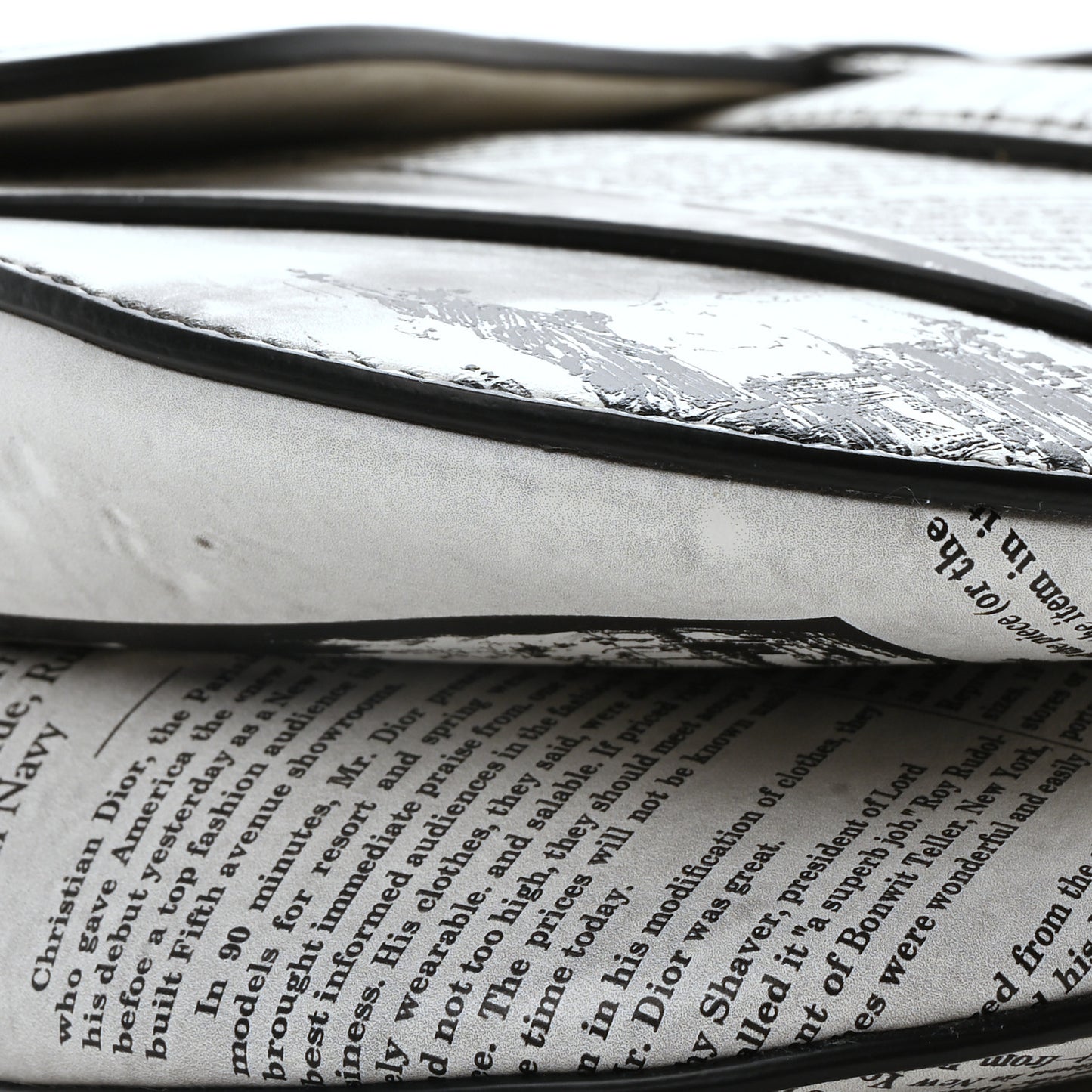 Calfskin Newspaper Printed Saddle Bag With Strap Black White