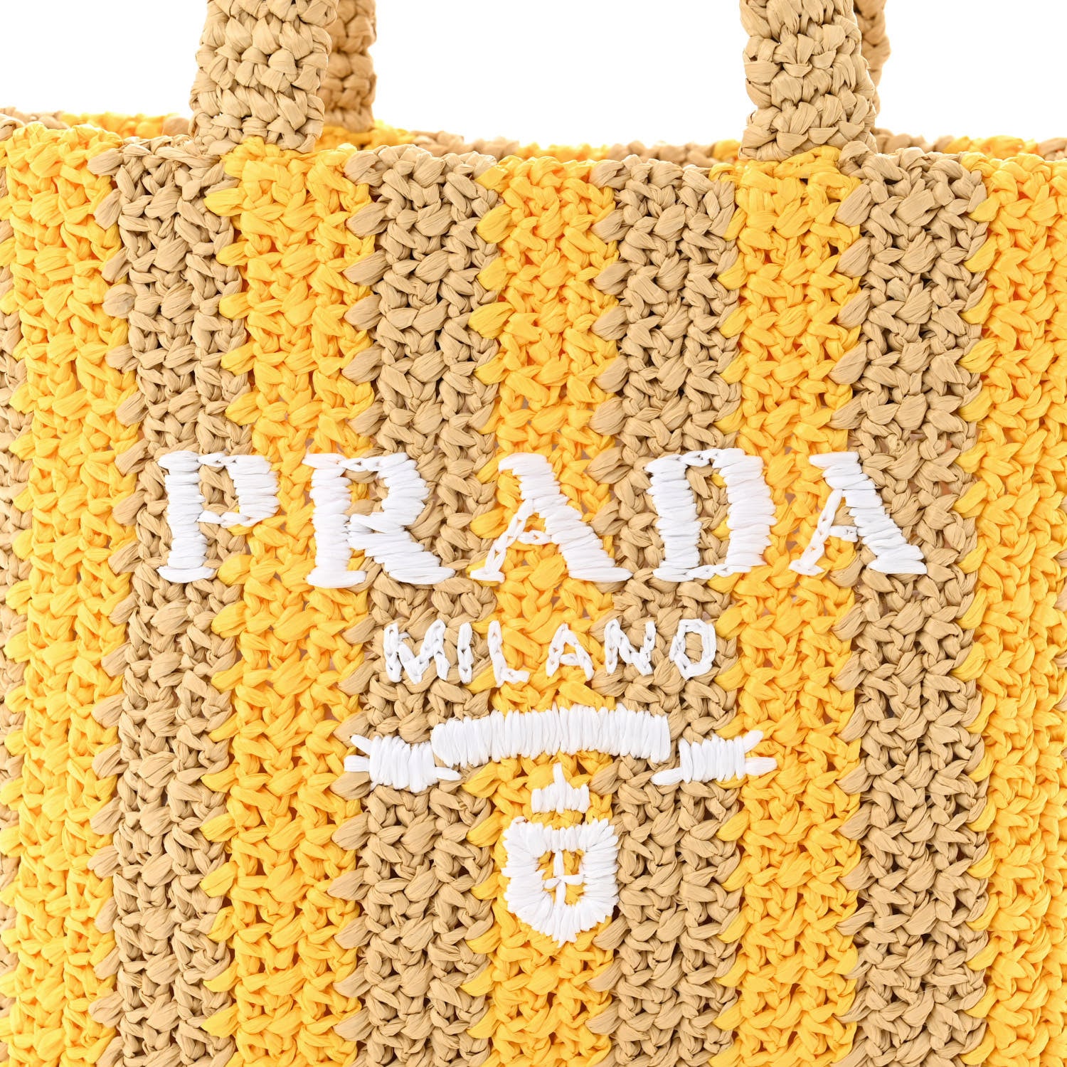Prada Yarn Raffia Effect Crochet Striped Small Logo Tote Naturale Giallo 7 of 9