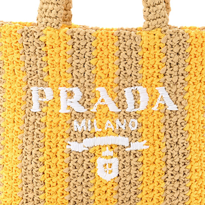 Prada Yarn Raffia Effect Crochet Striped Small Logo Tote Naturale Giallo 7 of 9