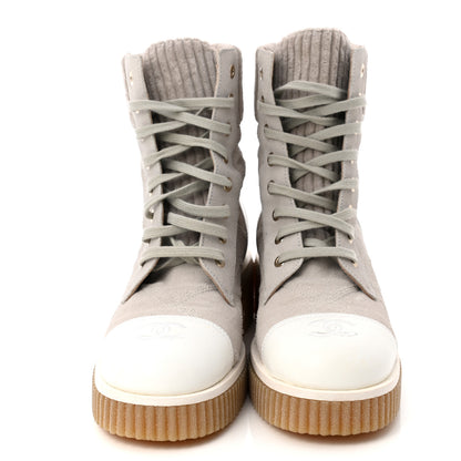 Chanel Suede Calfskin Velvet Quilted CC Combat Boots 38.5 Grey 2 of 8