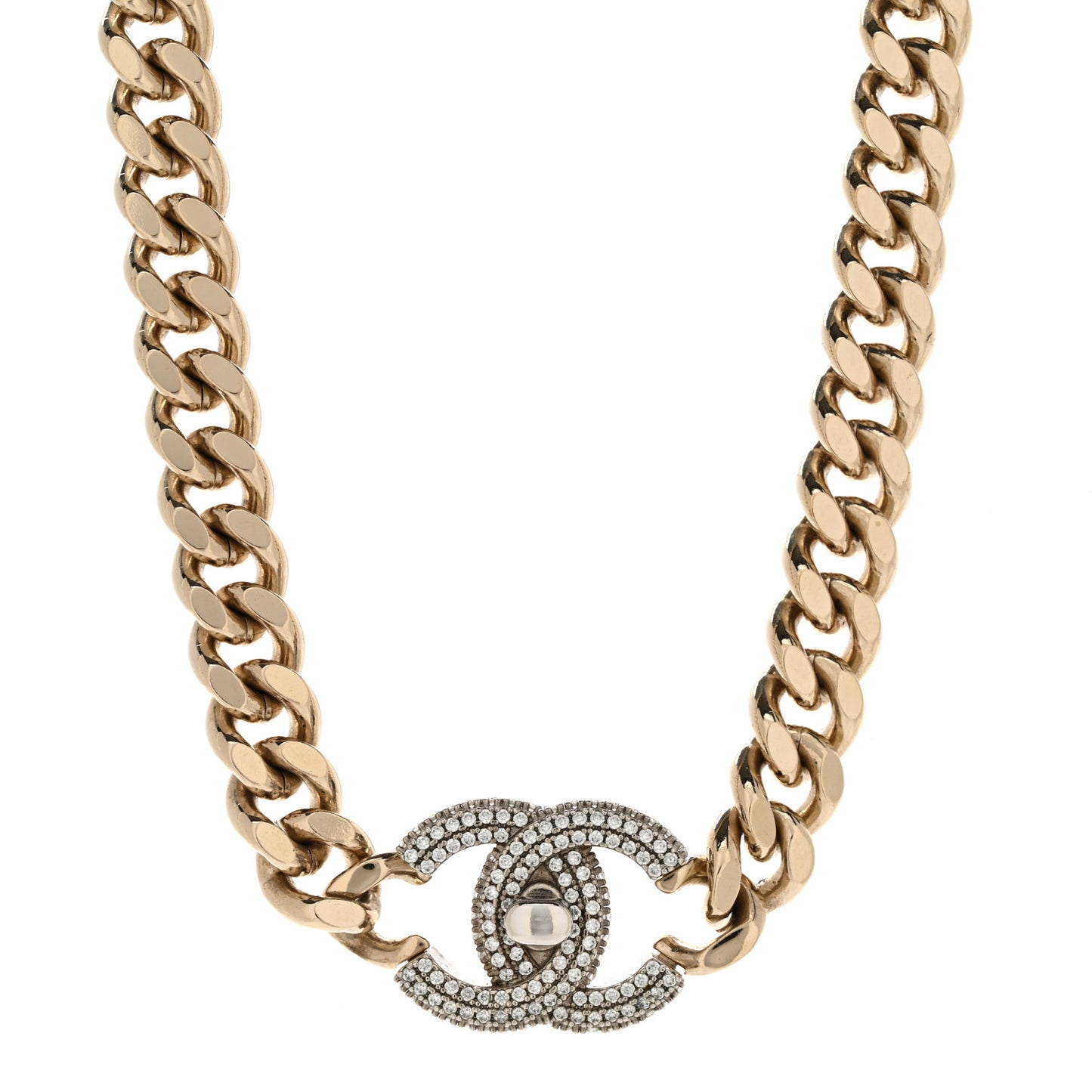 Crystal Chain Link CC Turnlock Choker Necklace Gold Silver