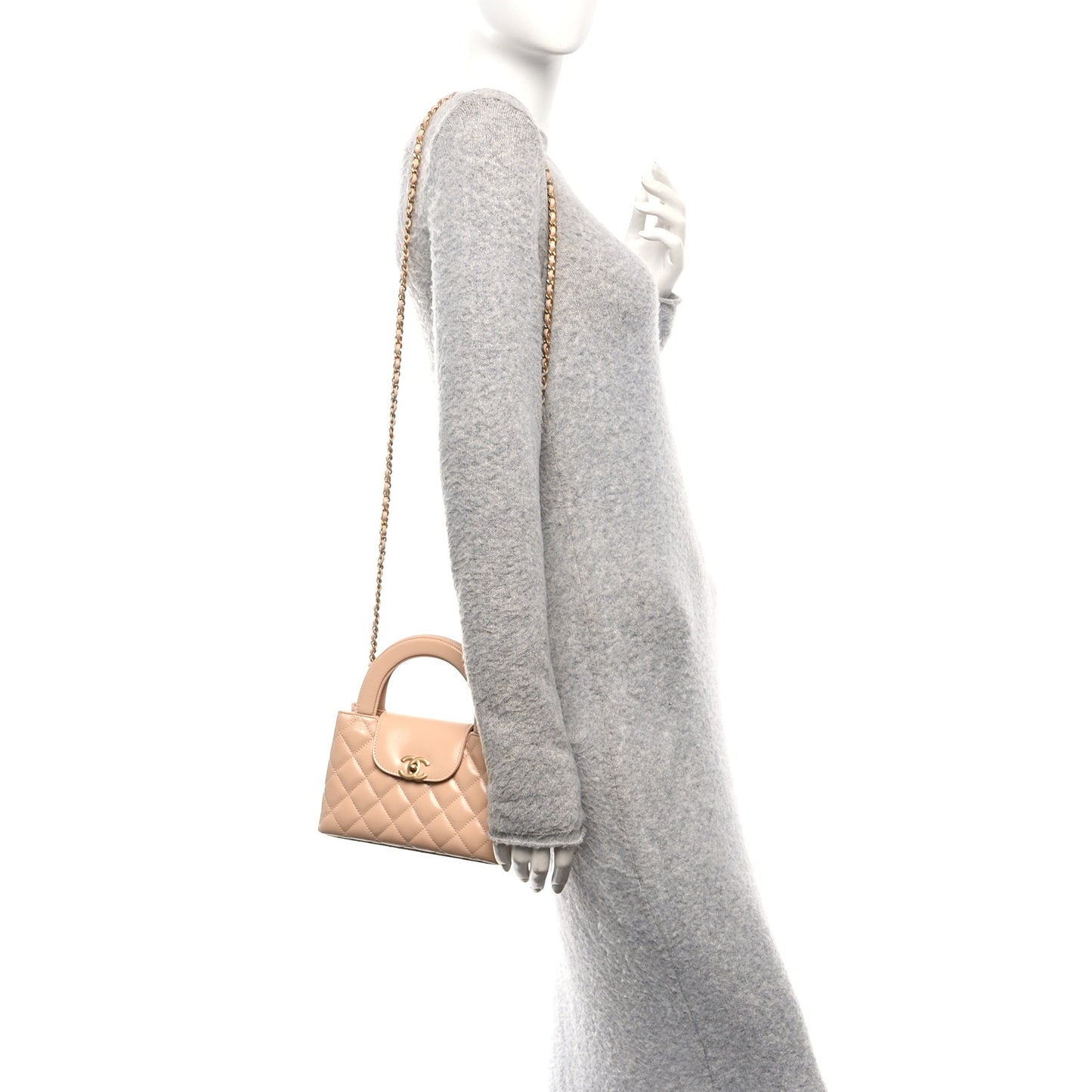 Shiny Aged Calfskin Quilted Nano Kelly Shopper Beige