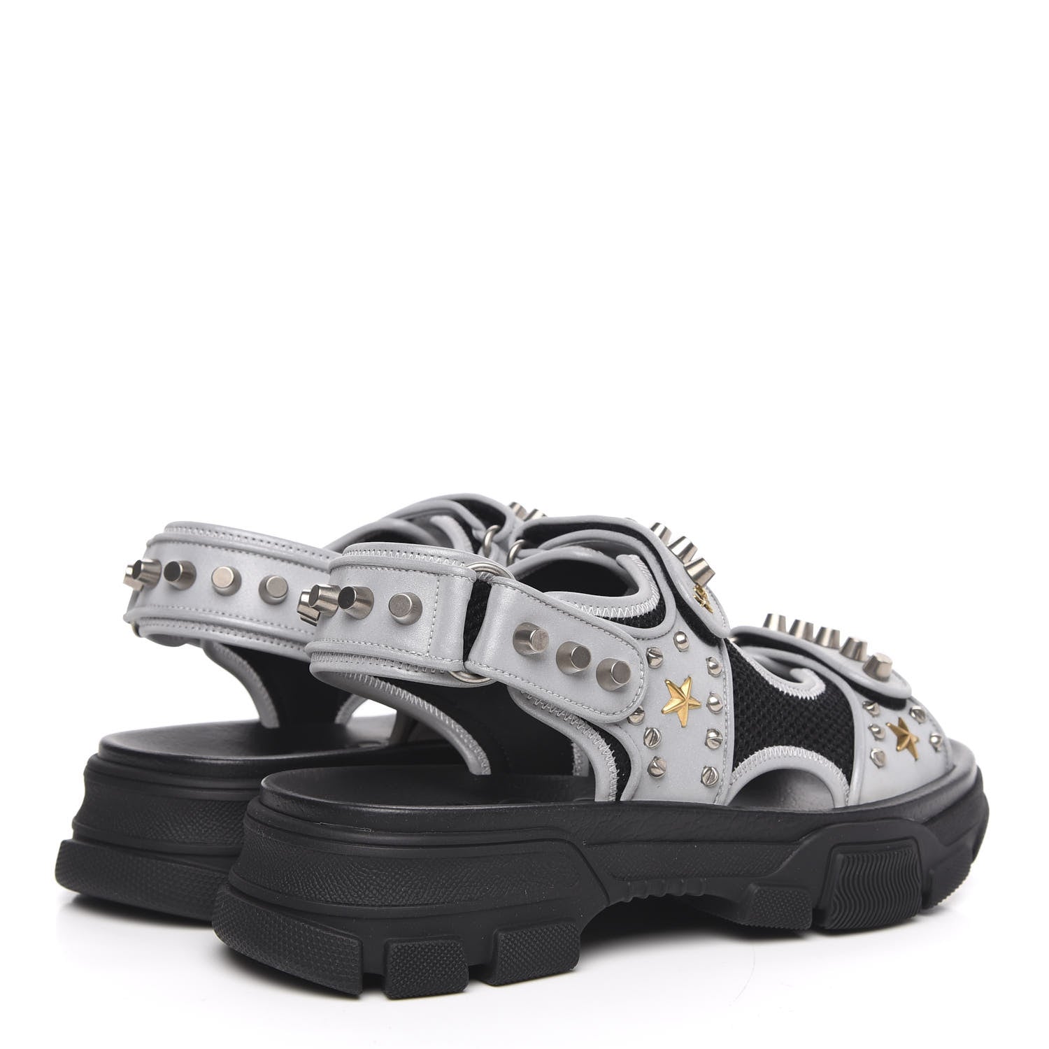Gucci Technical Canvas Calfskin Reflective Studded Mens Aguru Sandals 8 Silver Black 4 of 8