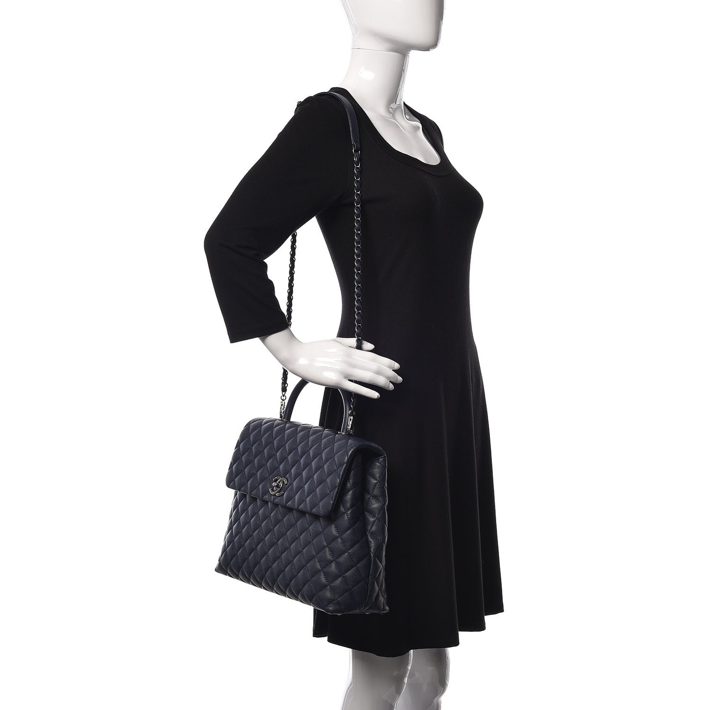 Caviar Quilted Large Coco Handle Flap Navy Blue
