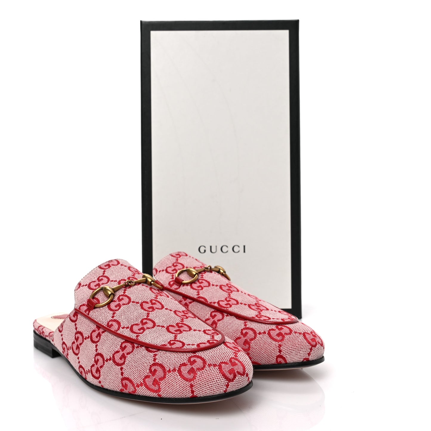 Canvas GG Monogram Horsebit Womens Princetown Slippers 37.5 Gardenia Hibiscus Red
