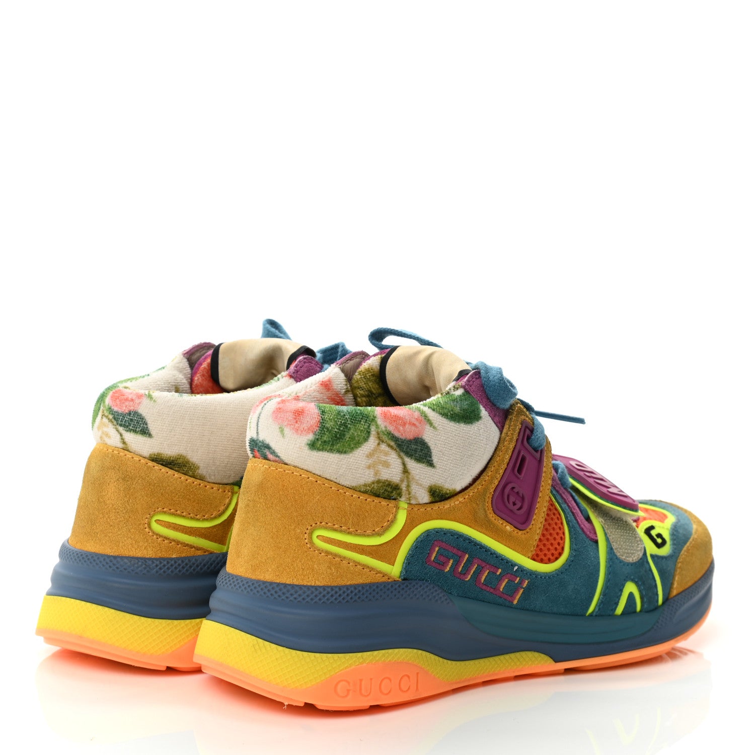 Gucci Suede Mesh Printed Womens Ultrapace Sneakers 35 Crop Zaffiro Neon Yellow 4 of 11