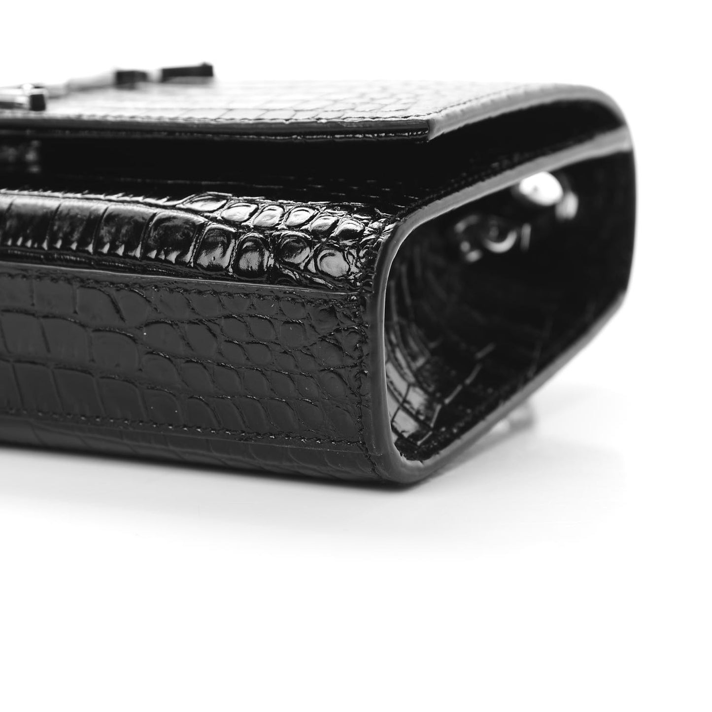 Calfskin Crocodile Embossed Small Classic Monogram Kate Tassel Satchel Black