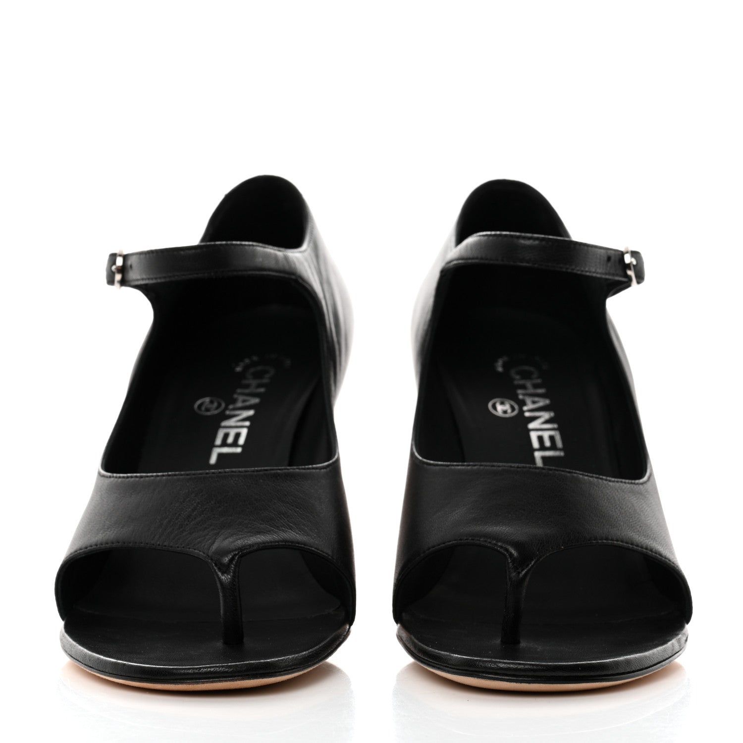 Chanel Lambskin Open Toe Mary Jane Pumps 37.5 Black 2 of 9