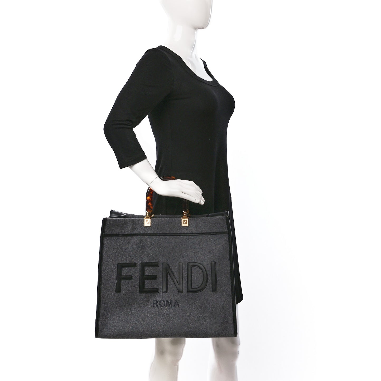 Melange Flannel Plexiglass Satin Logo Embroidered Threaded Edge Large Fendi Sunshine Shopper Tote Grigio Black