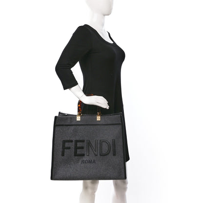 Fendi Melange Flannel Plexiglass Satin Logo Embroidered Threaded Edge Large Fendi Sunshine Shopper Tote Grigio Black 2 of 9