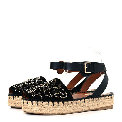 Valentino Garavani Suede Studded Peep Toe Ankle Wrap Flatform Espadrilles 38 Black 3 of 8