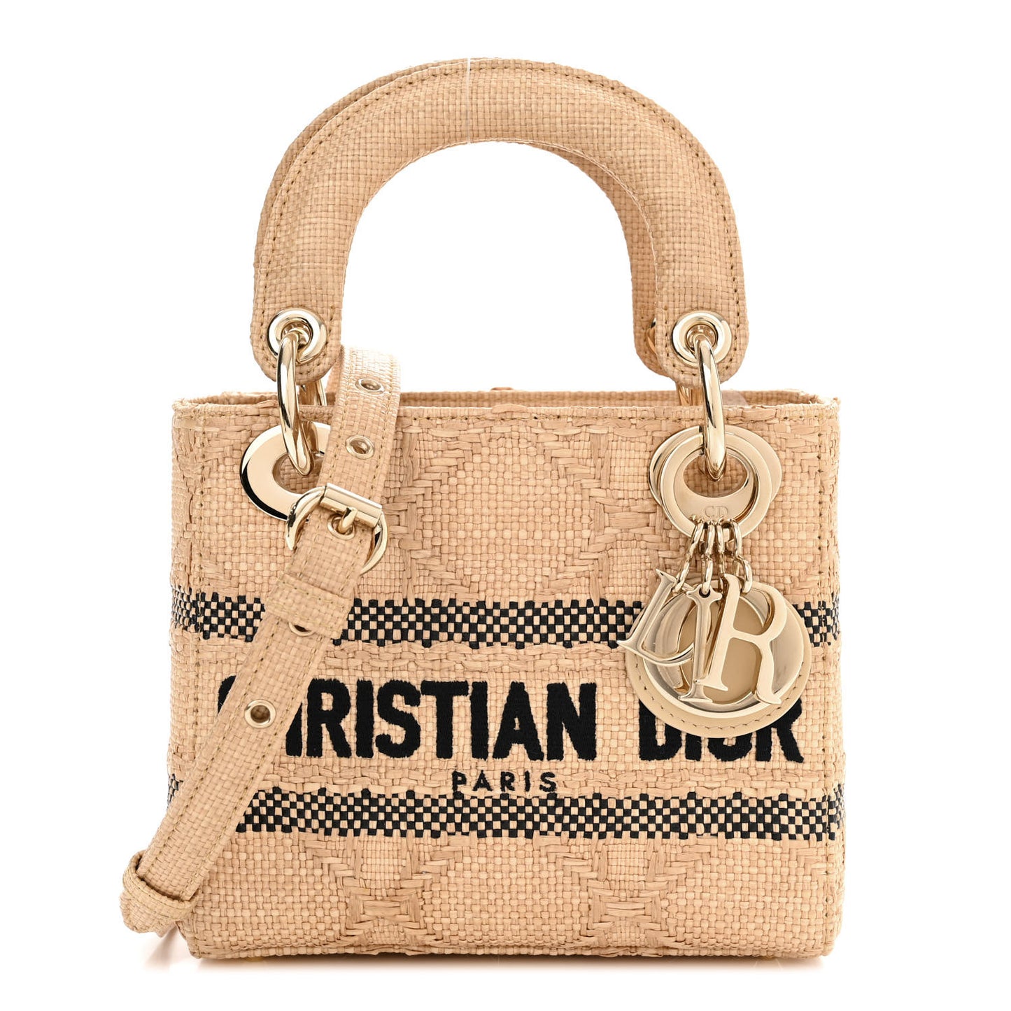 Raffia Woven Cannage Embroidered Mini Lady D-Lite Natural Black