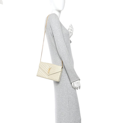 Saint Laurent Grain De Poudre Matelasse Chevron Monogram Chain Wallet Crema Soft 2 of 9