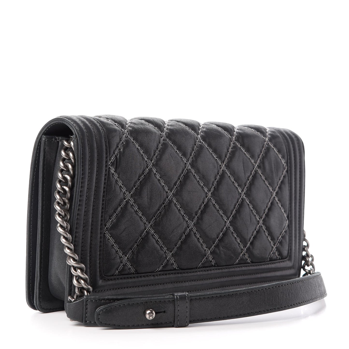 Iridescent Calfskin Embellished Double Stitch Boy Flap Black