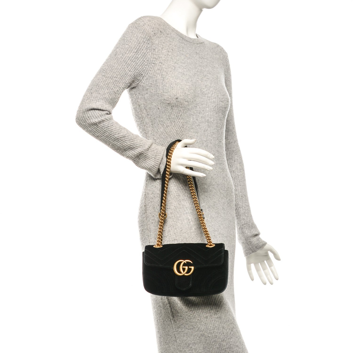 Gucci Velvet Matelasse Mini GG Marmont Shoulder Bag Black 2 of 7