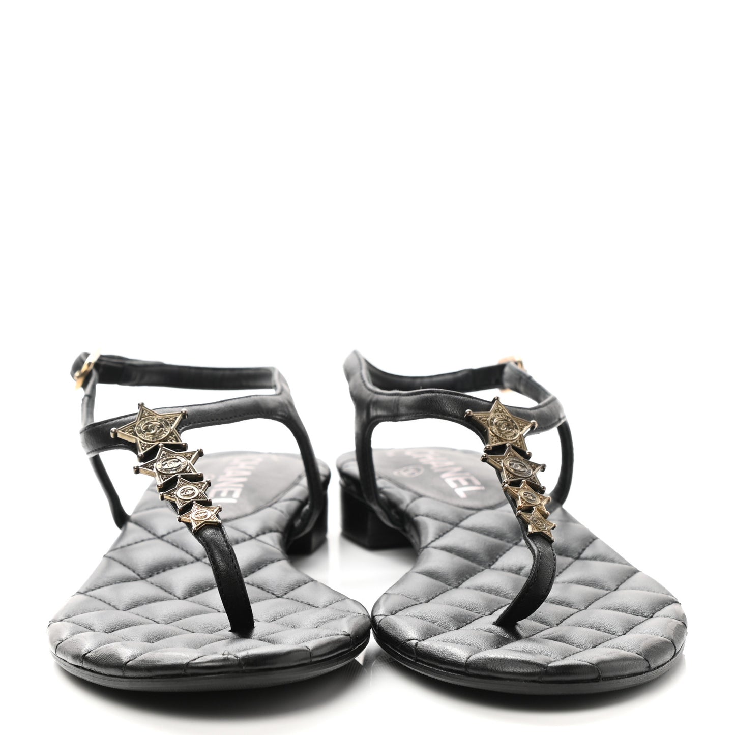 Calfskin Paris Dallas Quilted Star CC Thong Sandals 37 Black