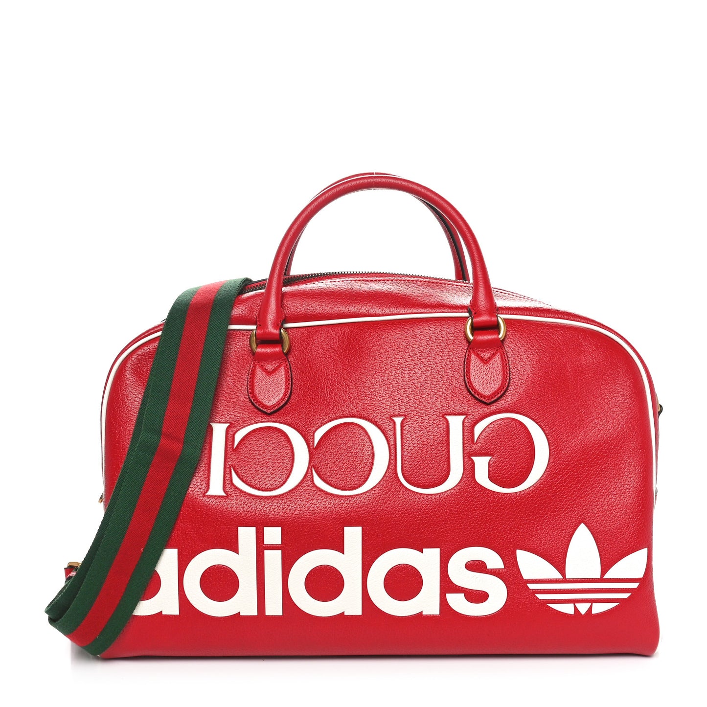 X ADIDAS Textured Dollar Calfskin Web Trefoil Large Bowling Bag Hibiscus Red  Off White