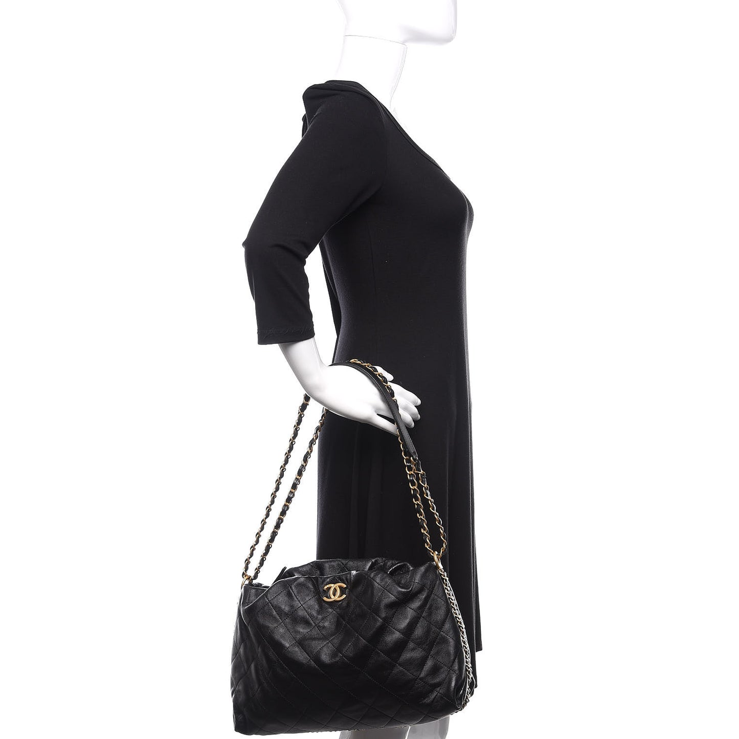 Calfskin Quilted Chain Around Tote Black